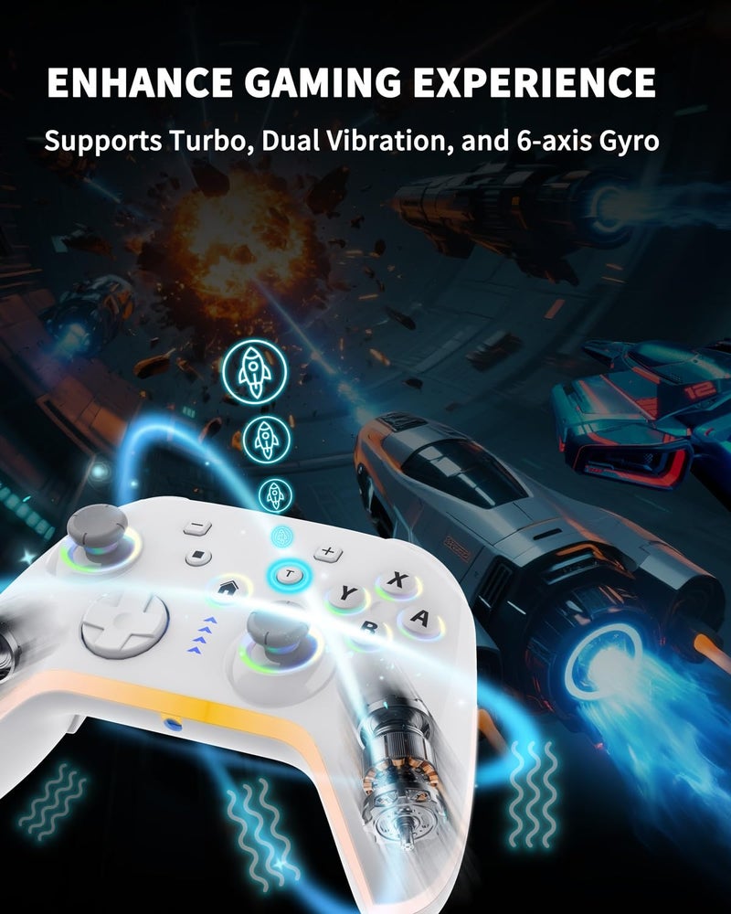 Bcofo Wireless Mobile Game Controller for iOS/iPhone/Android/Cell Phone/Switch/Laptop, Gaming Gamepad with Phone Clip for Gamers, Hall Effect Triggers, Wired PC Control, with RGB LED Lighting/Vibration/6-Axis Gyro/Turbo (White) - Image 3